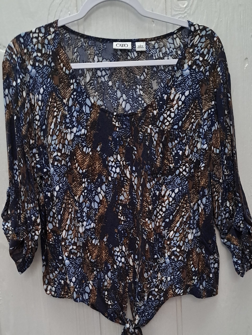 Cato Women's Navy & Brown Printed Tie-Front Blouse